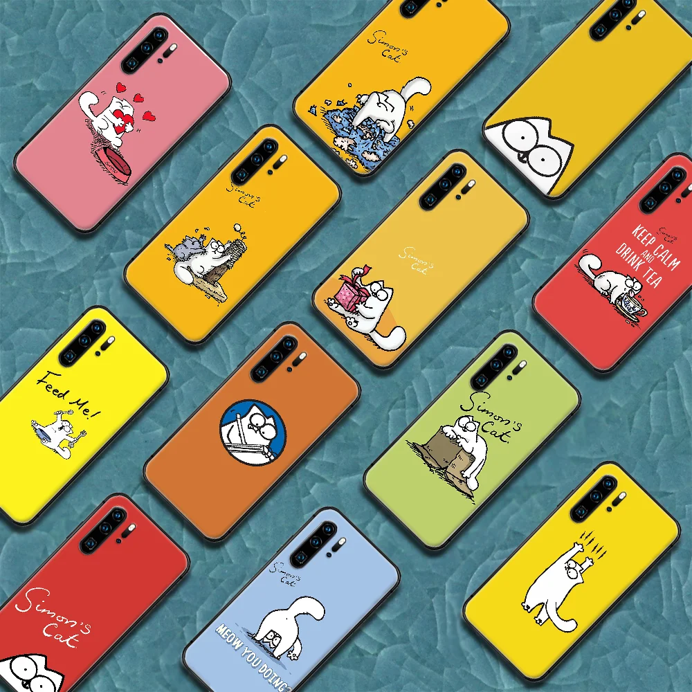 

Cute Cartoon Simons Cat Phone Case For Huawei P Mate 10 20 30 40 Pro Lite Smart 2019 2021 black Prime Fashion Hoesjes 3D Bumper