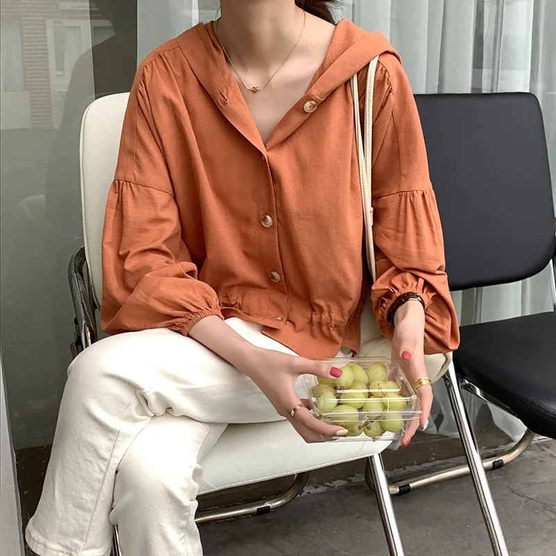 

Hooded button down long sleeve shirt for women
