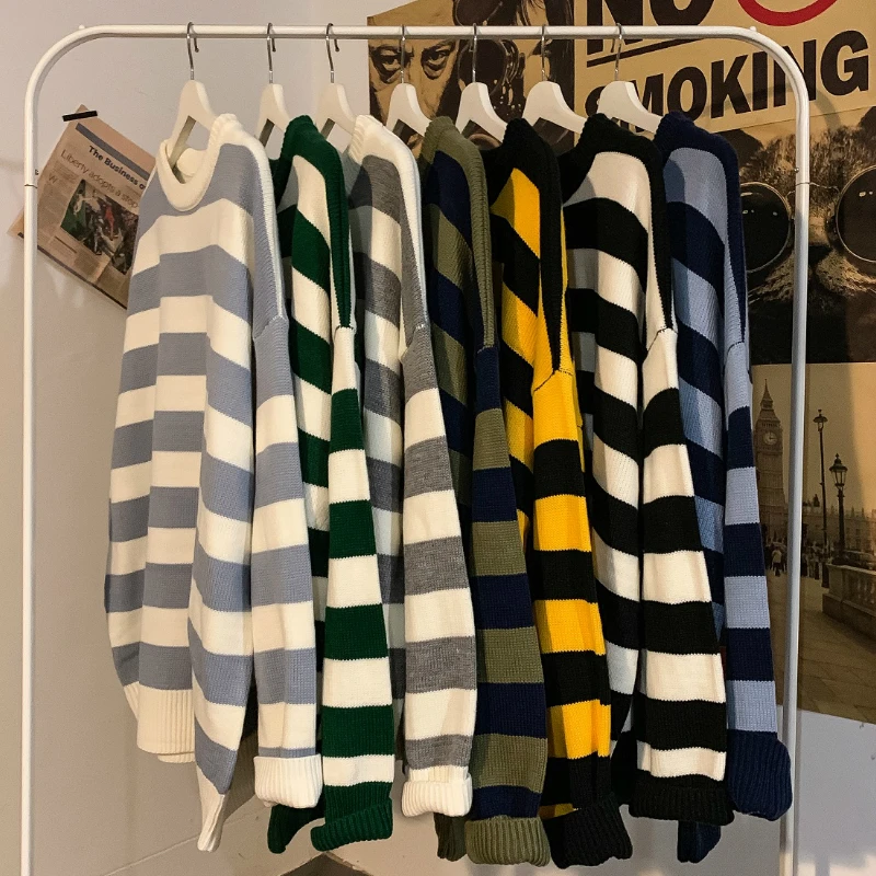 

2019 New Loose Striped Round Neck Pullover Sweater Multi-color Youth Sweater Campus Wind Street Style Casual Winter