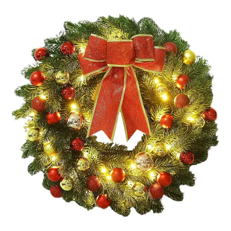 

30/40cm Christmas Wreath With LED String Christmas Hanging Rattan Ornament Wreath With Bow Xmas Decor For Home