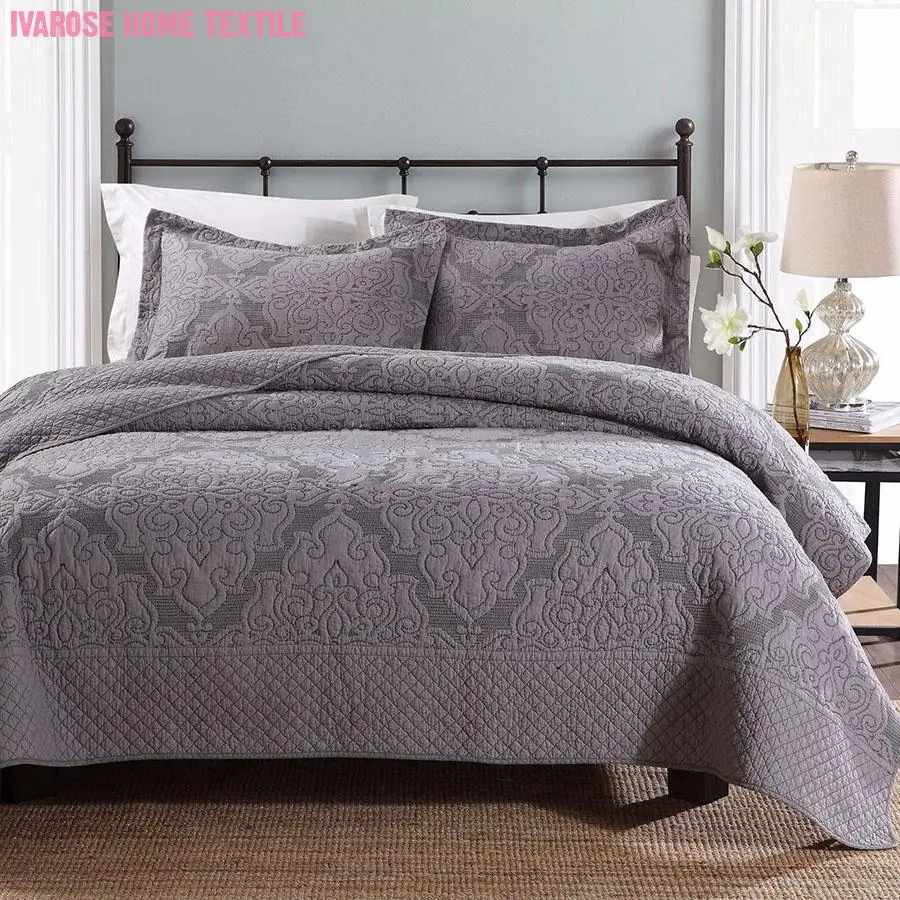 

3Pieces Yarn Dyed Weave Solid Color Quilt set Gray Khaki 100%Cotton Quilted Bedspread Pillow shams Super Soft for All Seasons