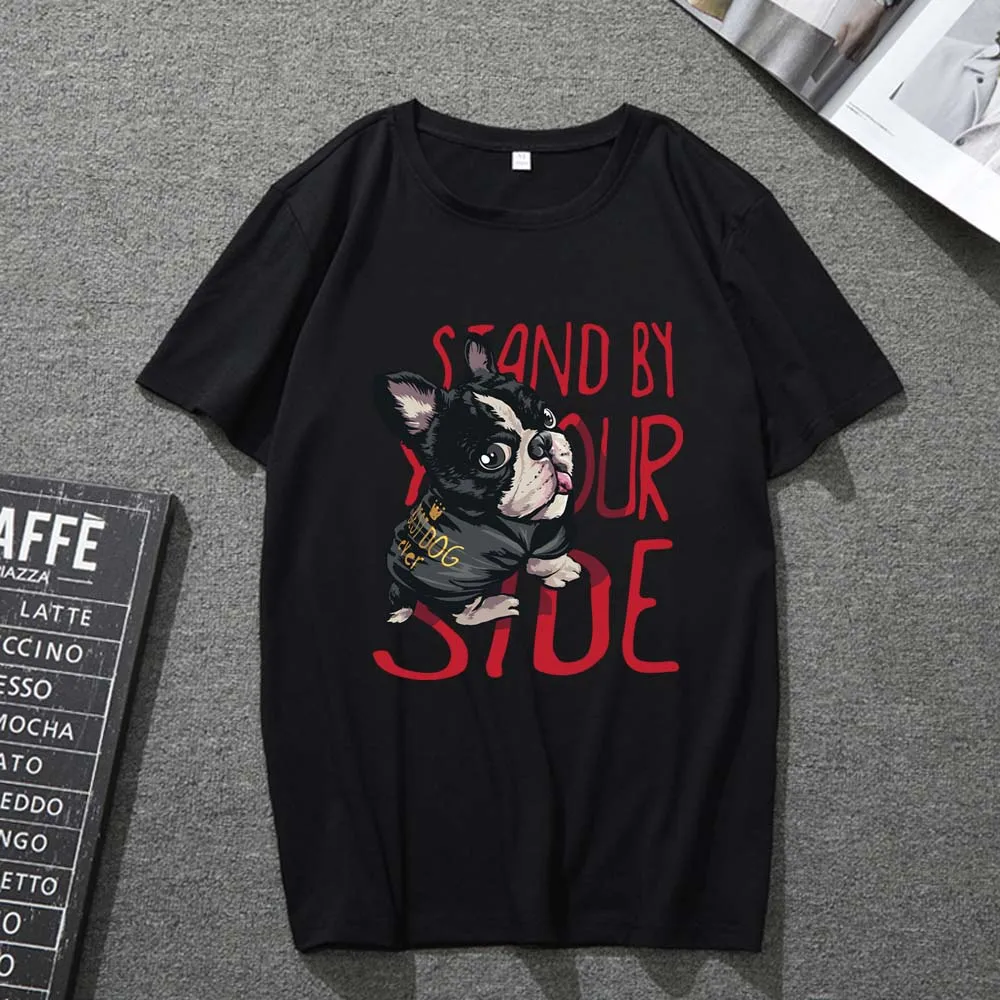 

T-shirt Men and Women Round Neck Universal Cute Dog Print Top Harajuku Trend Black Japanese Comfortable All-match Top