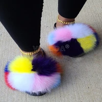 fluffy furry fur slippers for women plush fox fur slipper girl soft flat home shoes ladies flip flops rainbow fur slides sandals