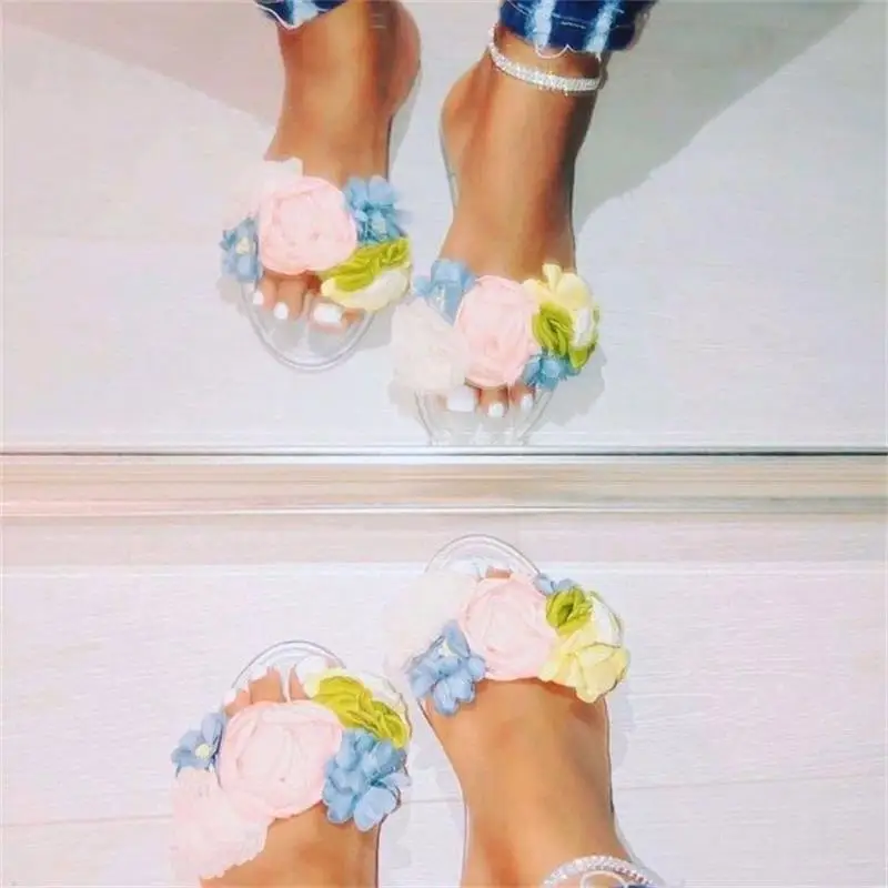 

2021 New Women's Shoes Fashion Trend Classic Transparent PVC Color Simulation Flower Open-toed Flat Heel Summer Sandals 7KG197