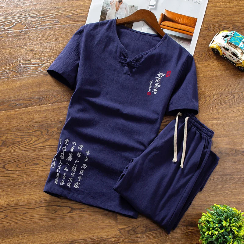 

2020 New Chinese Retro Style Cotton and Linen Men's Sets Summer Loose and Breathable Men Short-sleeved T-shirt and Trousers