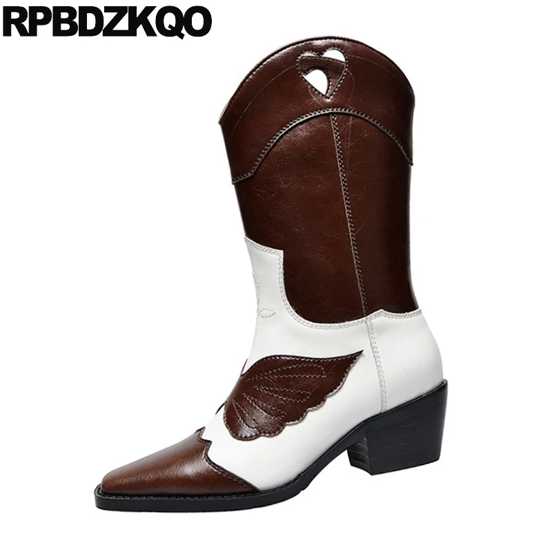 Женские ковбойские ботинки до середины икры коричневые из натуральной кожи с