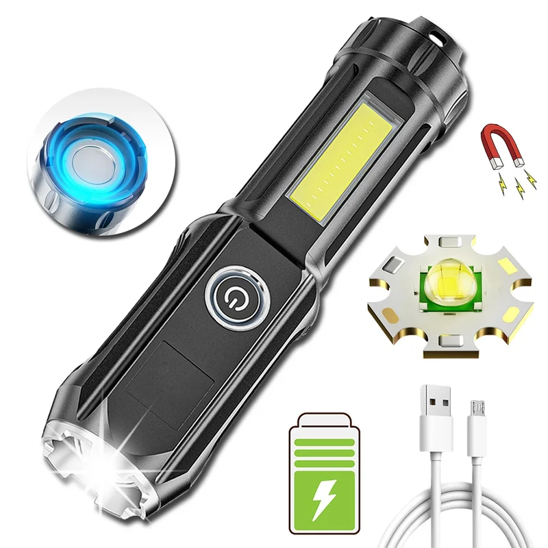 

USB Rechargeable LED Flashlight Mini COB Torch with Tail Magnet Waterproof Zoom Camping Lantern 4 Modes Powerful Fishing Light