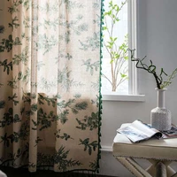 modern aesthetic green leaf pattern cotton linen curtain with green tassels thermal insulated window drapes for home bedroom