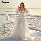 Пляжное свадебное платье Booma, с открытыми плечами, длинными рукавами-фонариками, цветочными аппликациями, Тюлевое Свадебное Платье трапециевидного силуэта, свадебные платья для принцесс
