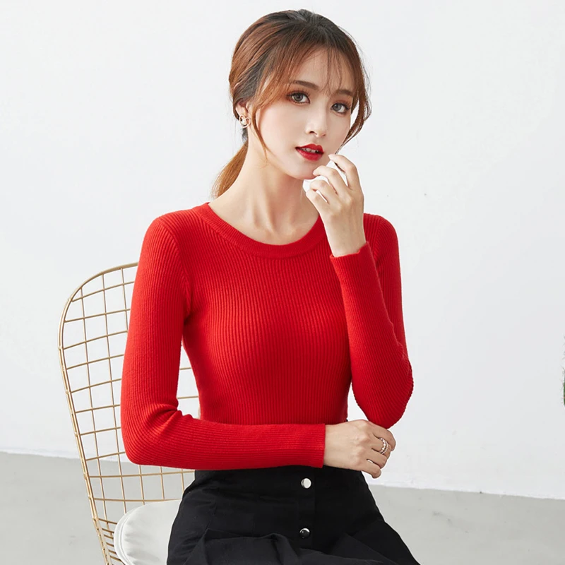 Корейский пуловер с круглым вырезом вязаные топы длинными рукавами свитер