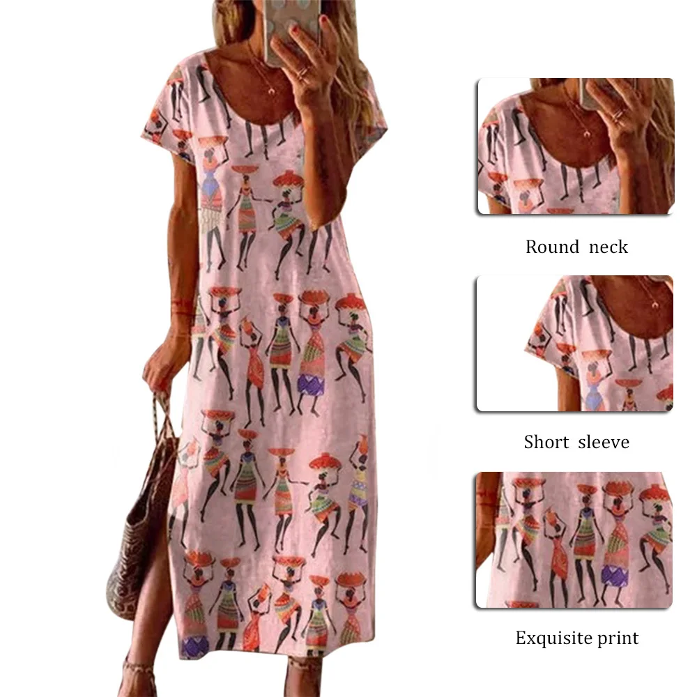 

Women O Neck Long Dress 2020 Summer Print Sexy Short Sleeve Boho Beach Casual Loose A-Line Dress Vestidos Plus Size
