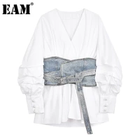 eam women white denim split temperament blouse new lapel long lantern sleeve loose fit shirt fashion spring autumn 2021 1z942