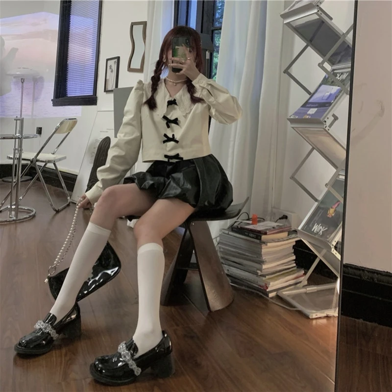 

KUSAHIKI Sweet Bowknot Women Shirts Korean Peter Pan Collar Pull Sleeve Blouse Fashion Short Blusas Mujer De Moda 2021 New 6G617