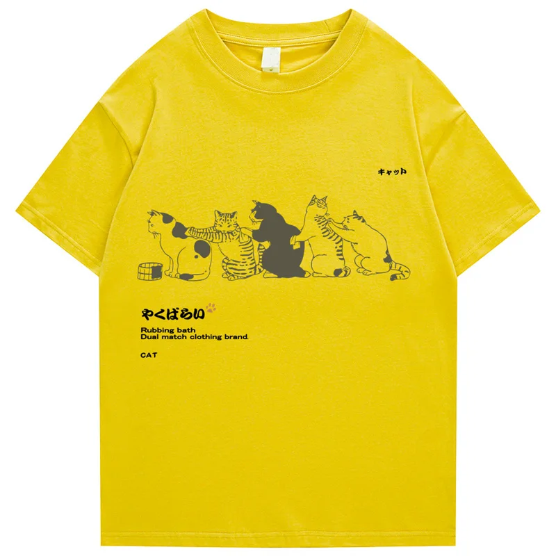 2022 Men Hip Hop T Shirt Streetwear Japanese Kanji Harajuku Funny Cat T-Shirt Summer Short Sleeve Tops Tees Cotton Print Tshirts