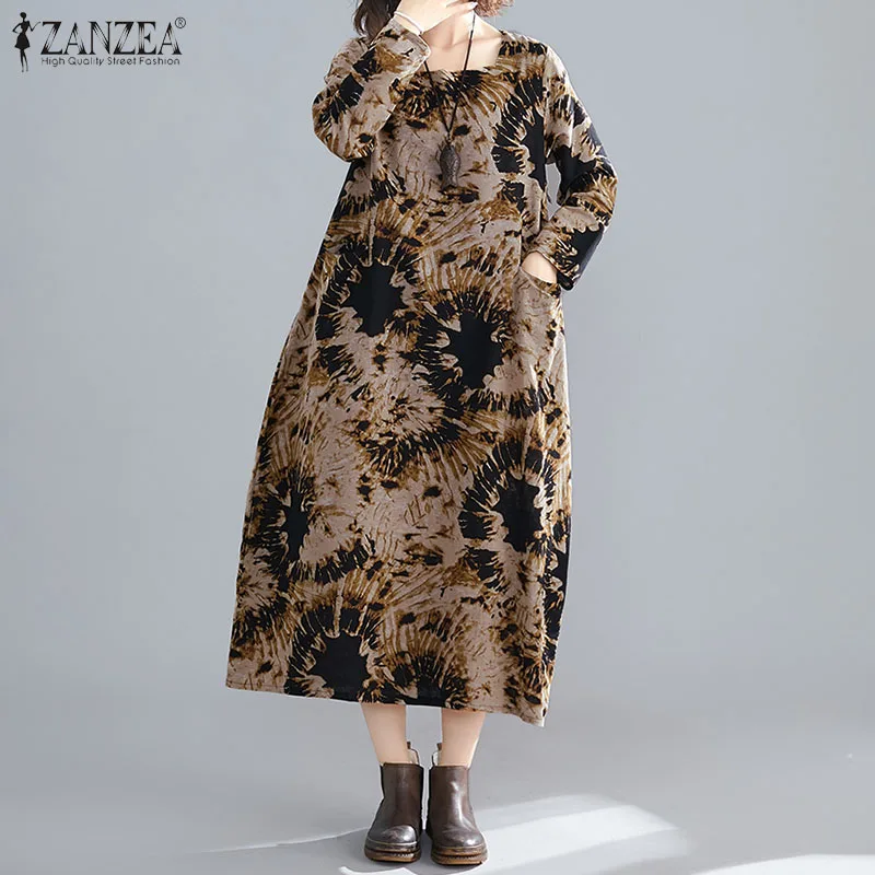 Женское длинное платье с винтажным принтом ZANZEA повседневное пляжное праздничное