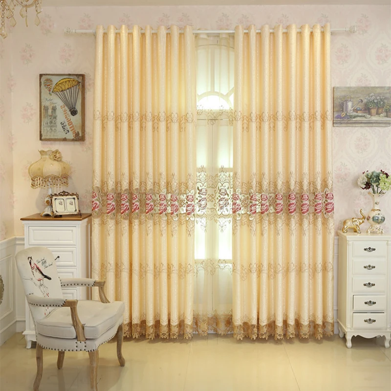Занавеска с вышивкой пиона в американском стиле для гостиной прозрачная бежевая
