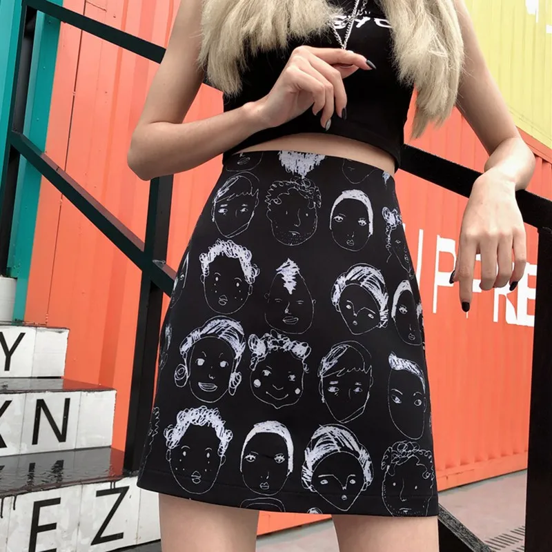 

X New Design Style Skirt Korean Version Of The Portrait Print High Waist Was Thin White Black Skirt A Line Skirt