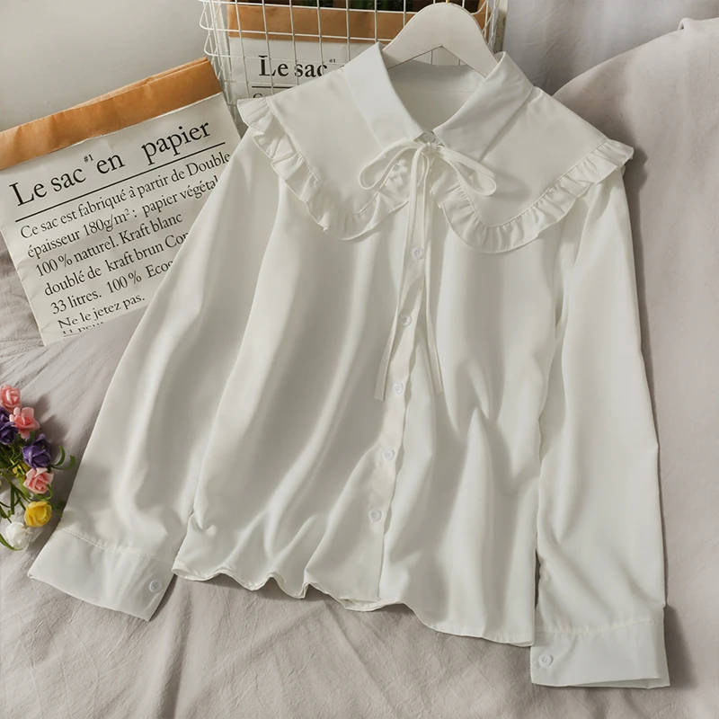 Vintage Sweet White Shirt Women Korean Lace Up Peter Pan Collar Blouses Spring Autumn Elegant Office Work Long Sleeve Ladies Top | Женская