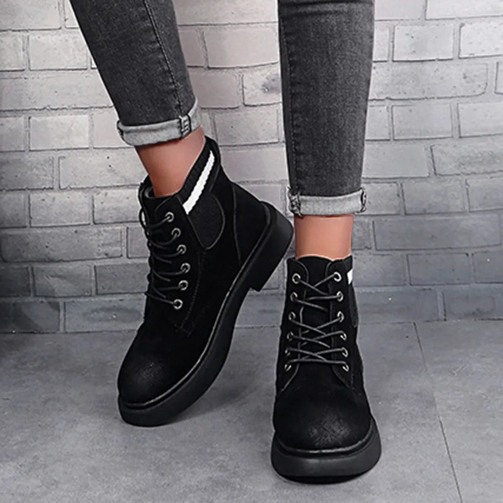 Женские ботильоны на плоской платформе Весенние ботинки Черные туфли толстой