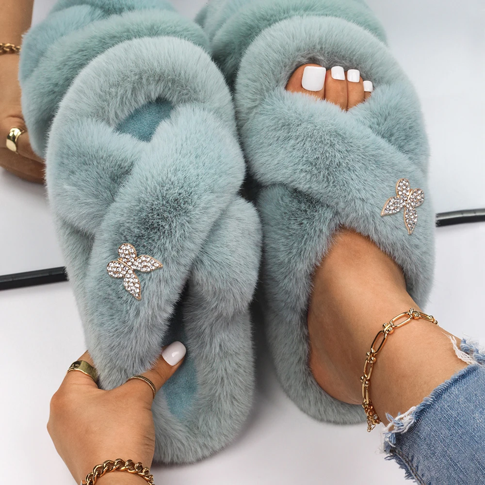 Women Flat Slippers Faux Fur Shoes for Luxury Shining Crystal Rhinestone Butterfly Indoor Slide Winter Warm Home Flip-Flops