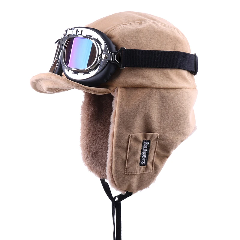 Зимняя куртка-бомбер Шапки Плюшевые Earflap русская ушанка с очки для мужчин женщин's Траппер Авиатор шлем летчика Искусственная кожа меха зимние шапки - Цвет: Khaki-Blue Goggles