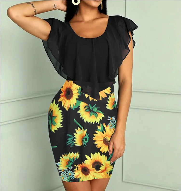 Женское Короткое облегающее платье с цветочным принтом Летнее мини-платье без