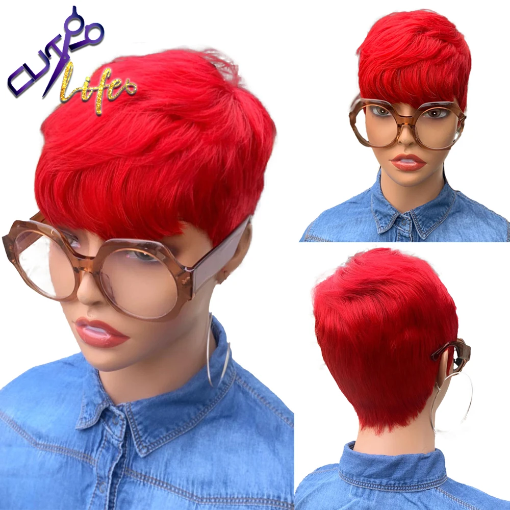 

Red Color Short Bob Pixie Cut Remy Human Hair Wig For Women Full Machine Made Non Lace cut life Brazilian 130% 150% density Wigs
