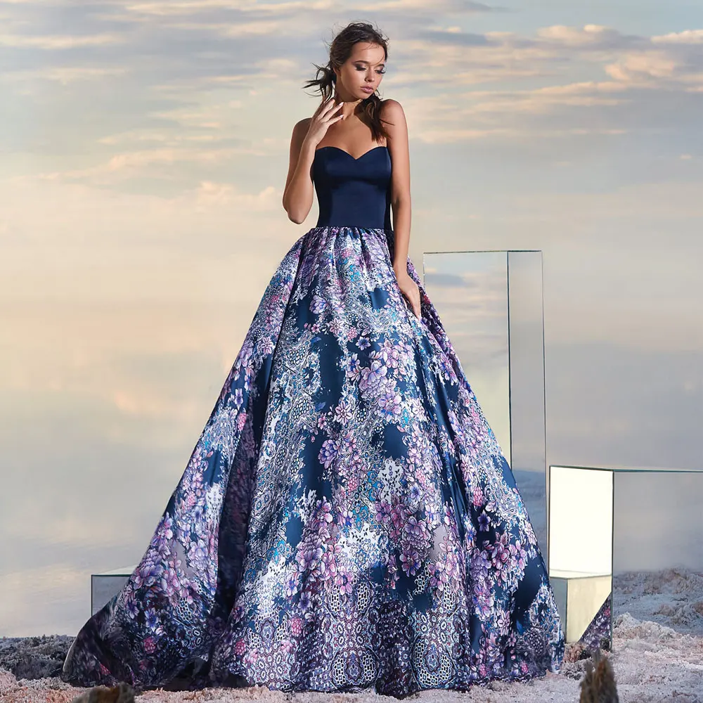 

Sweetheart A-line Sweep/Brush Floor length Print Flower Banbage Sleeveless Open back Dark Navy Evening Dresses Fashion