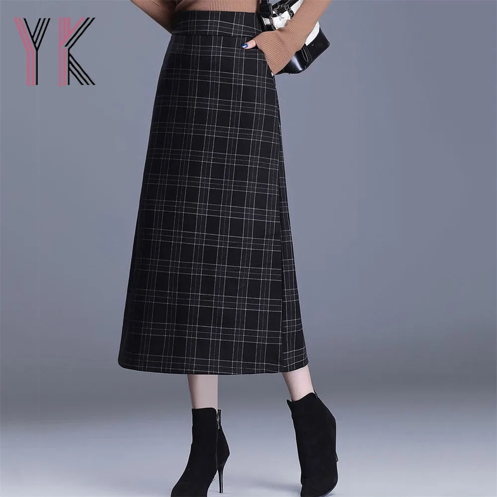 

Back Slit Plaid Wool Blend Long Skirts Pockets High Waist Vintage Wrap Sukienka Autumn Winter Warm Old Women Mom Elegant Saia