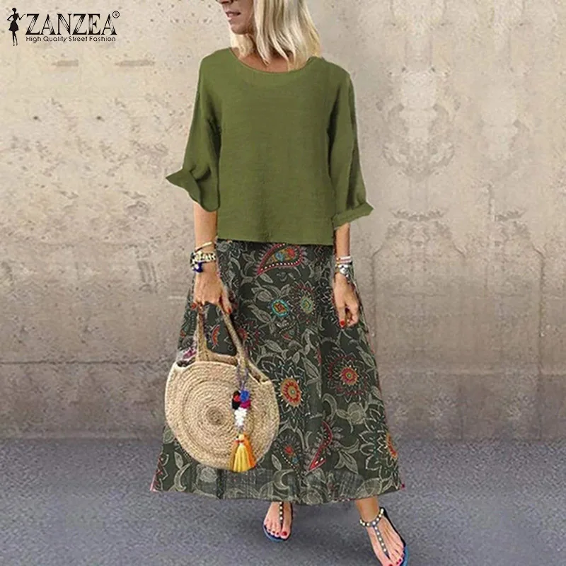 ZANZEA женское хлопковое льняное Длинное Макси платье с винтажным принтом Vestidos женское летнее платье повседневное мешковатое платье из 2 предметов Femme