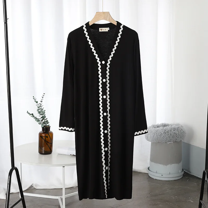 Spring Summer Modal Nightdress Cardigan Lace Long Sleeve Mid Length Dress Outer Wear Home Clothes Women's Nightwear Nightgowns