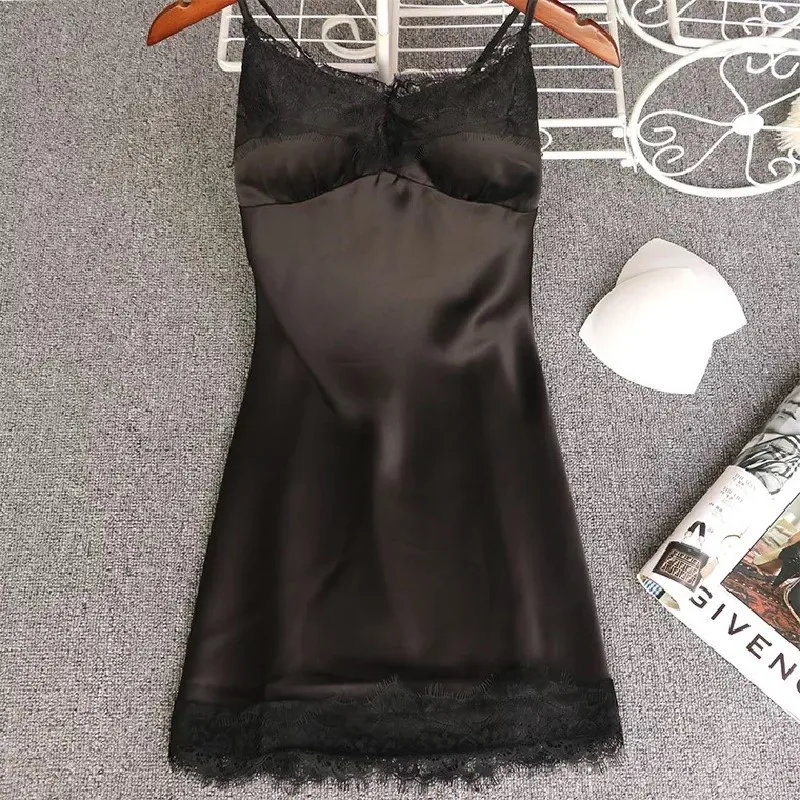 Lace Satin Nightdress Sexy Silk Sleepdress Sleepwear With Bra Pad Black  Homewear