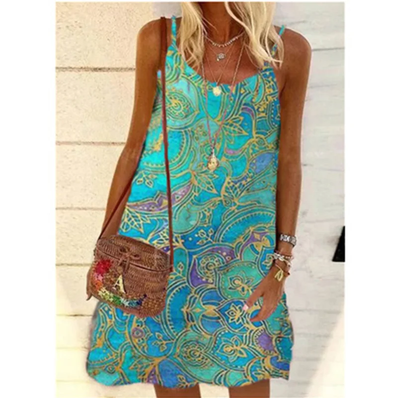 

2021 Summer Women Dress Printed Sling Ladies Bohemian Loose Chiffon Dresses A-Line Beach Dress Plus Size S-5XL Vestidos