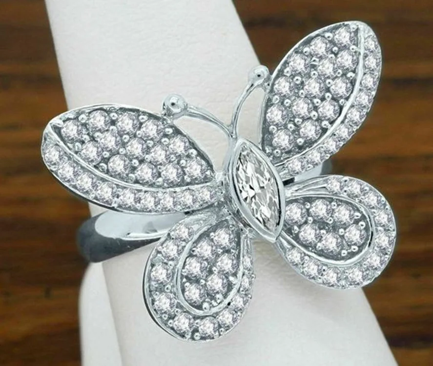 

Hot New Zircon Butterfly Ring Gem Stone Opening Exaggerated Big Knuckle Rings for Women Charming Wedding Party Jewelry Gift