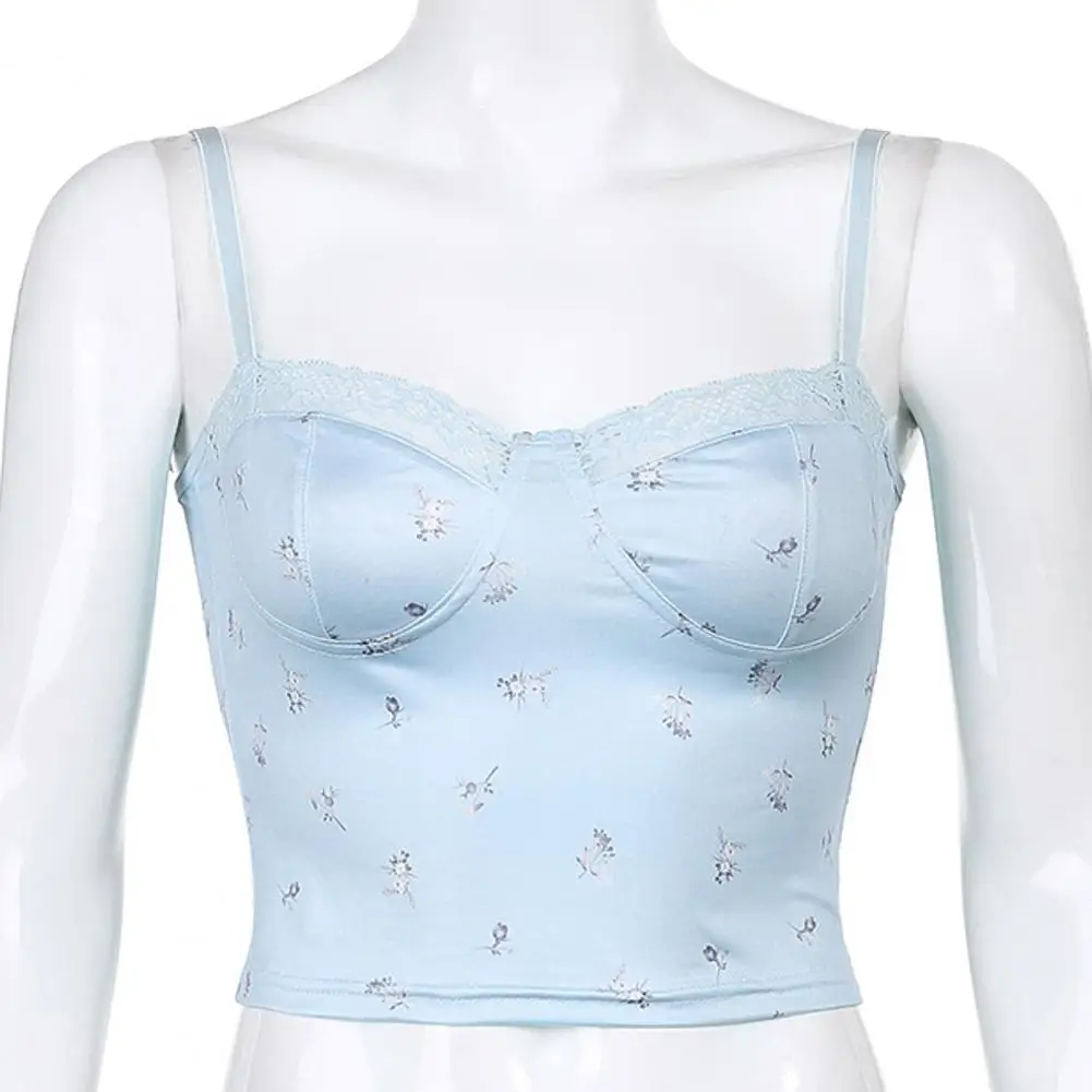 

2021 New Fashion Summer Sexy Lace Stitching Floral Print Camis Short Vest Bottoming CropTops for Women
