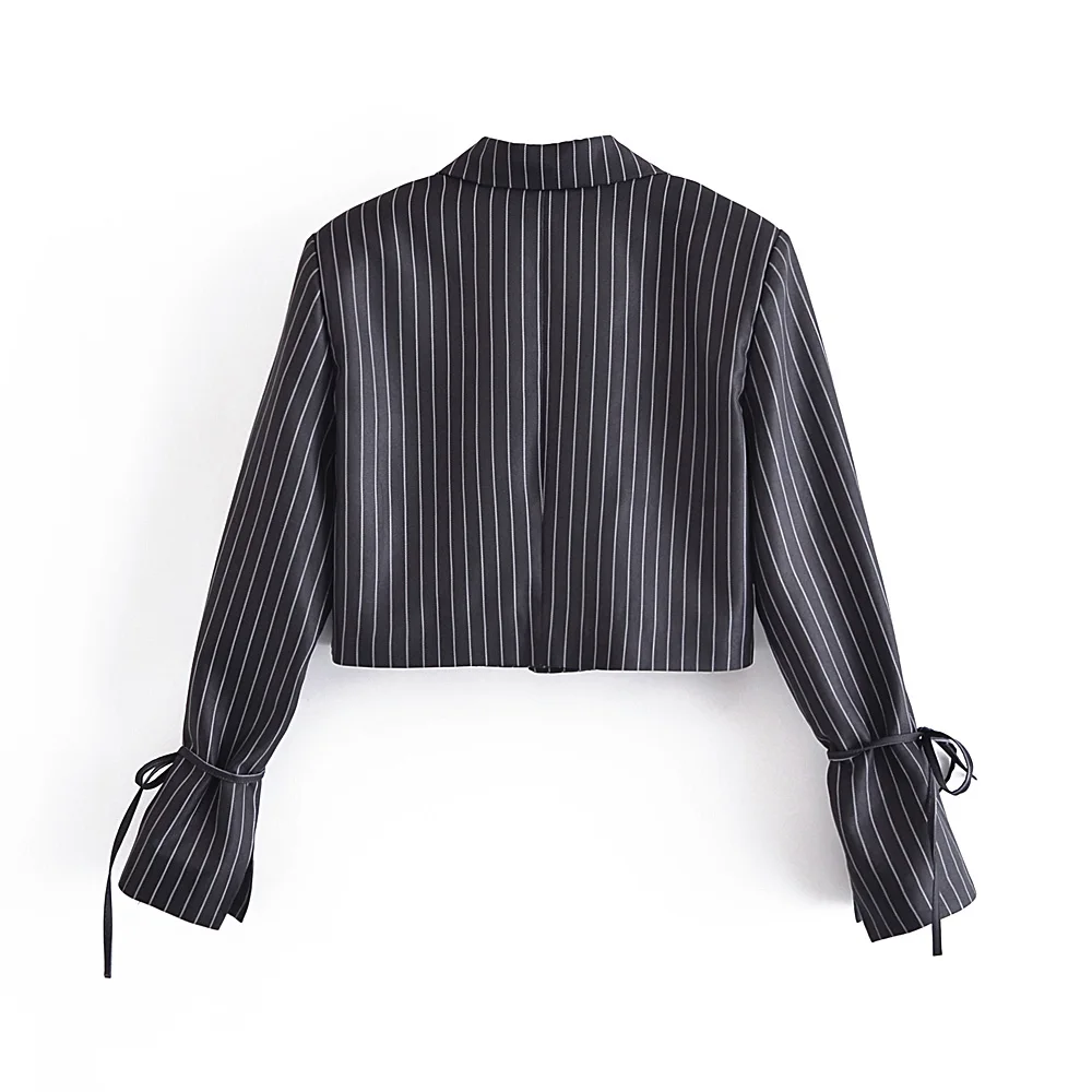 Za 2021 Women Office Lady Striped Blazer Long Sleeve V Neck Bow Tie Short Jackets Streetwear Autumn Women Outwears