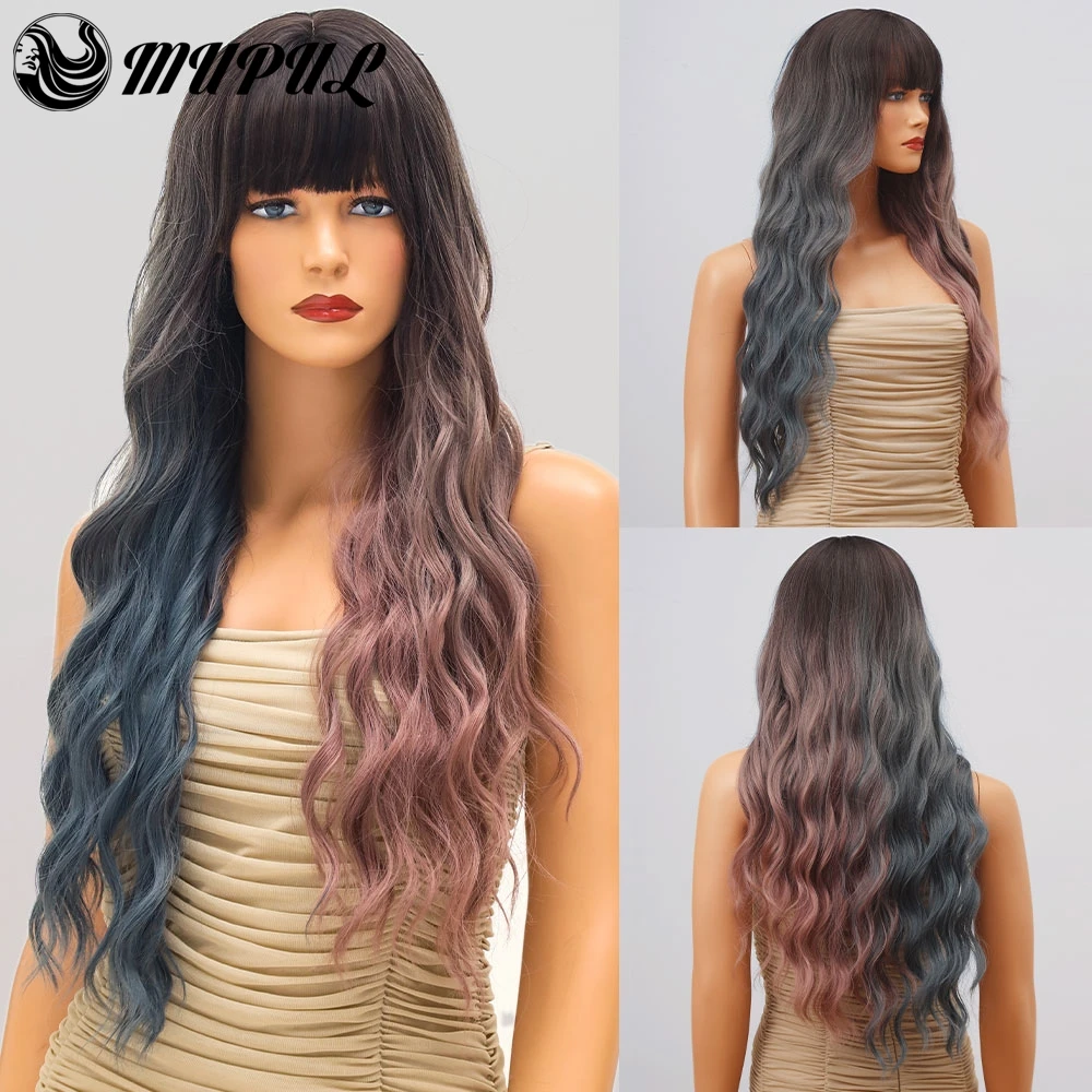

Длинный синтетический парик голубого, серого, фиолетового цветов, волнистый, для белых женщин с челкой, волосы Омбре для повседневного косплея, натуральные парики из термостойкого волокна