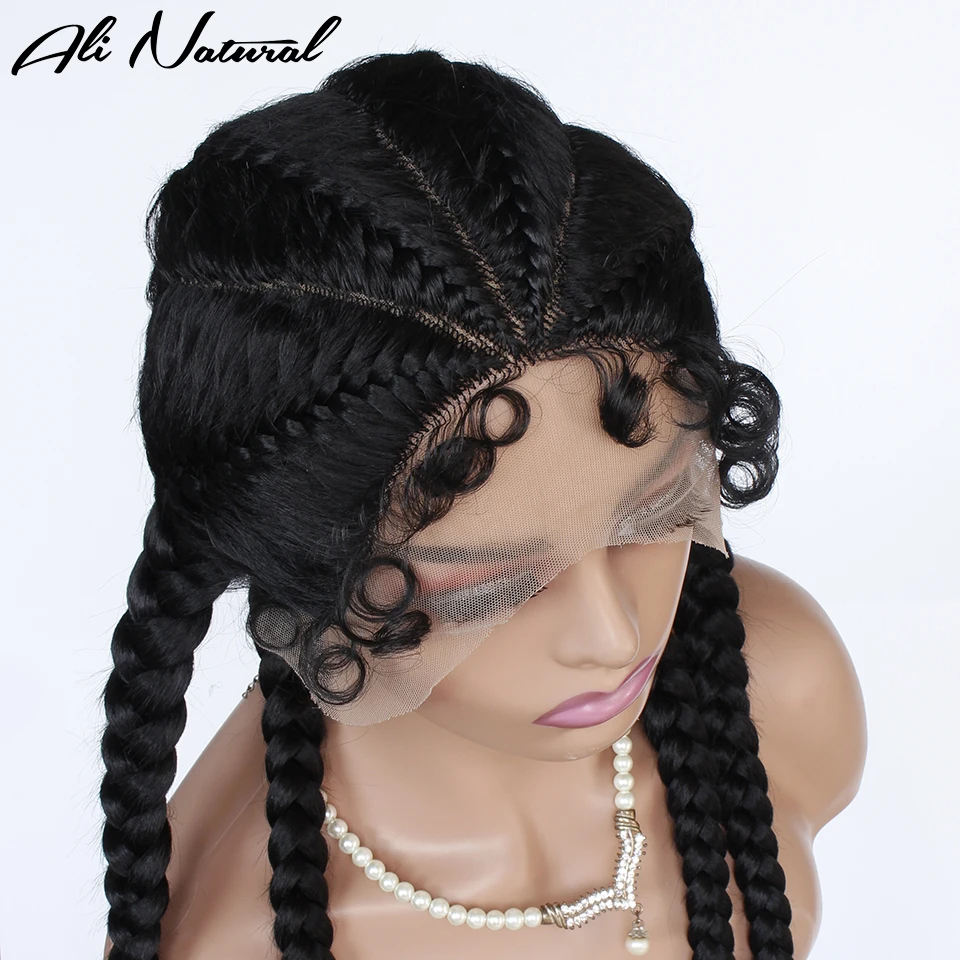 Synthetic Handmade Long Box 4 Braids Wig with Baby Hair American Braid Hair Lace Wig for Women Natural Looking