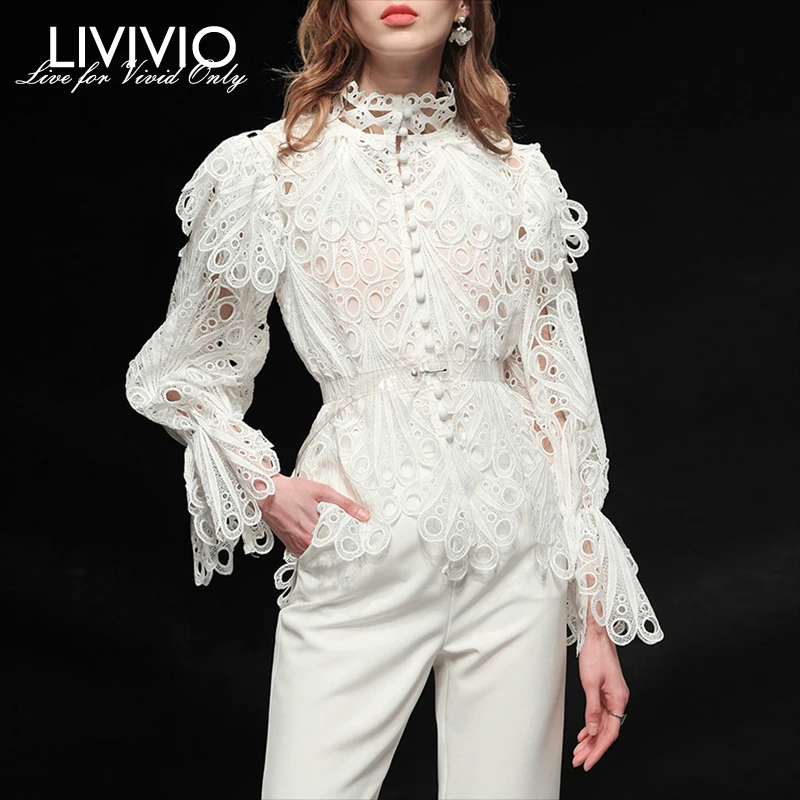 [LIVIVIO] открытые кружевные женские рубашки с оборками воротником стойкой длинным