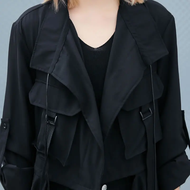 Женский Асимметричный Тренч [XITAO] Черный Повседневный с отложным воротником и
