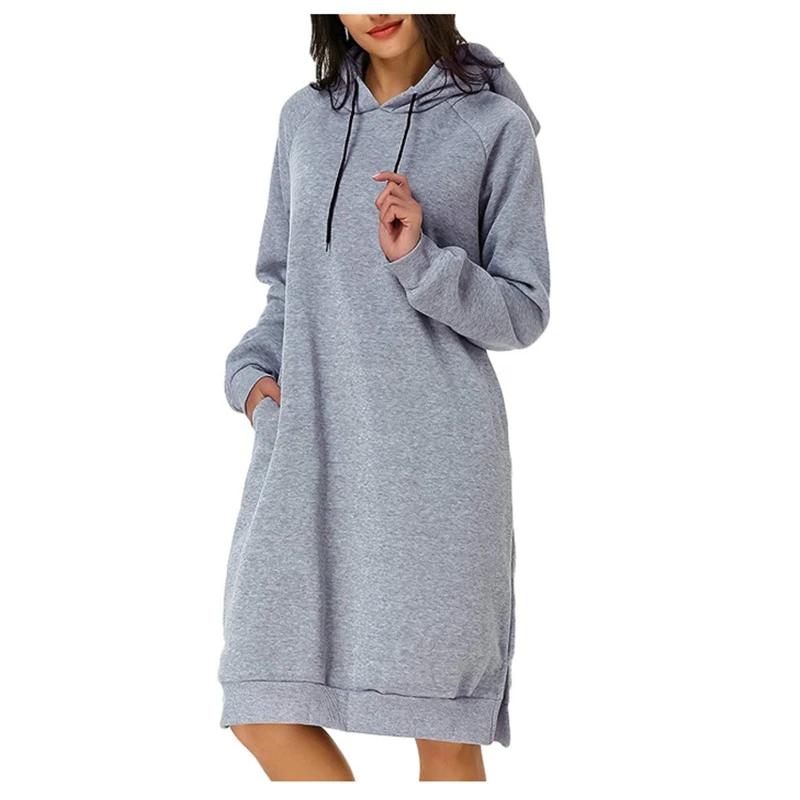 

Women's Sweatshirt dress Long Split Hooded Dress Autumn Clothes Solid Long Sleeve Pullovers Casual Woman Sweatshirt dresses