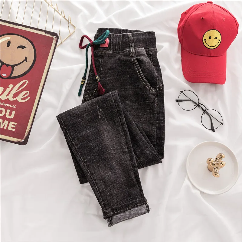 Женские джинсы с завышенной талией черные свободные эластичные брюки со