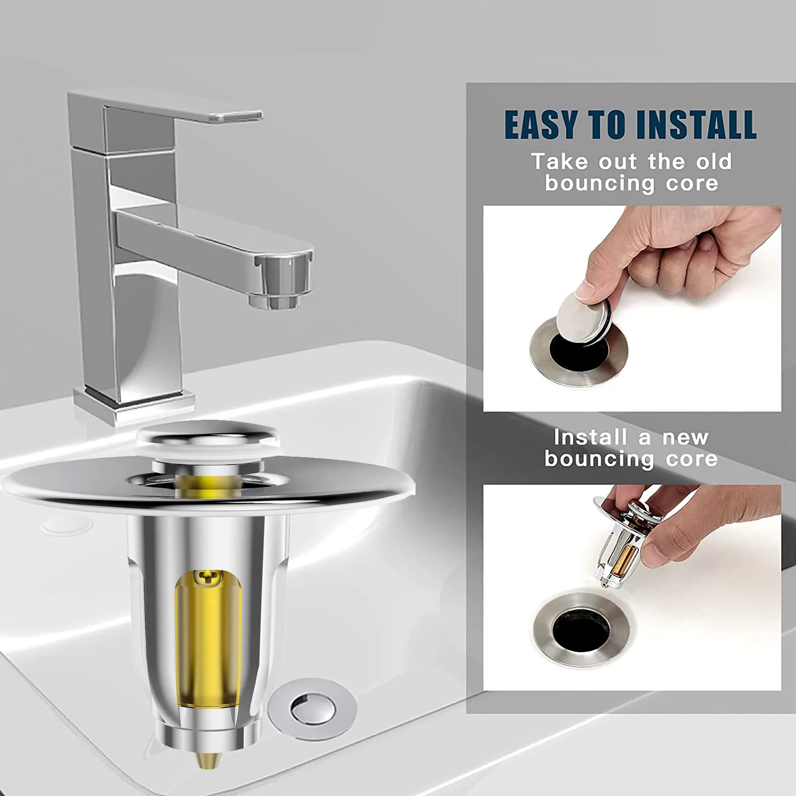 

Stainless Steel Sink Strainer Pop-up Filter With Ball Core Pressure Basin, Universal Edition Stainless Steel Bullets Core Push