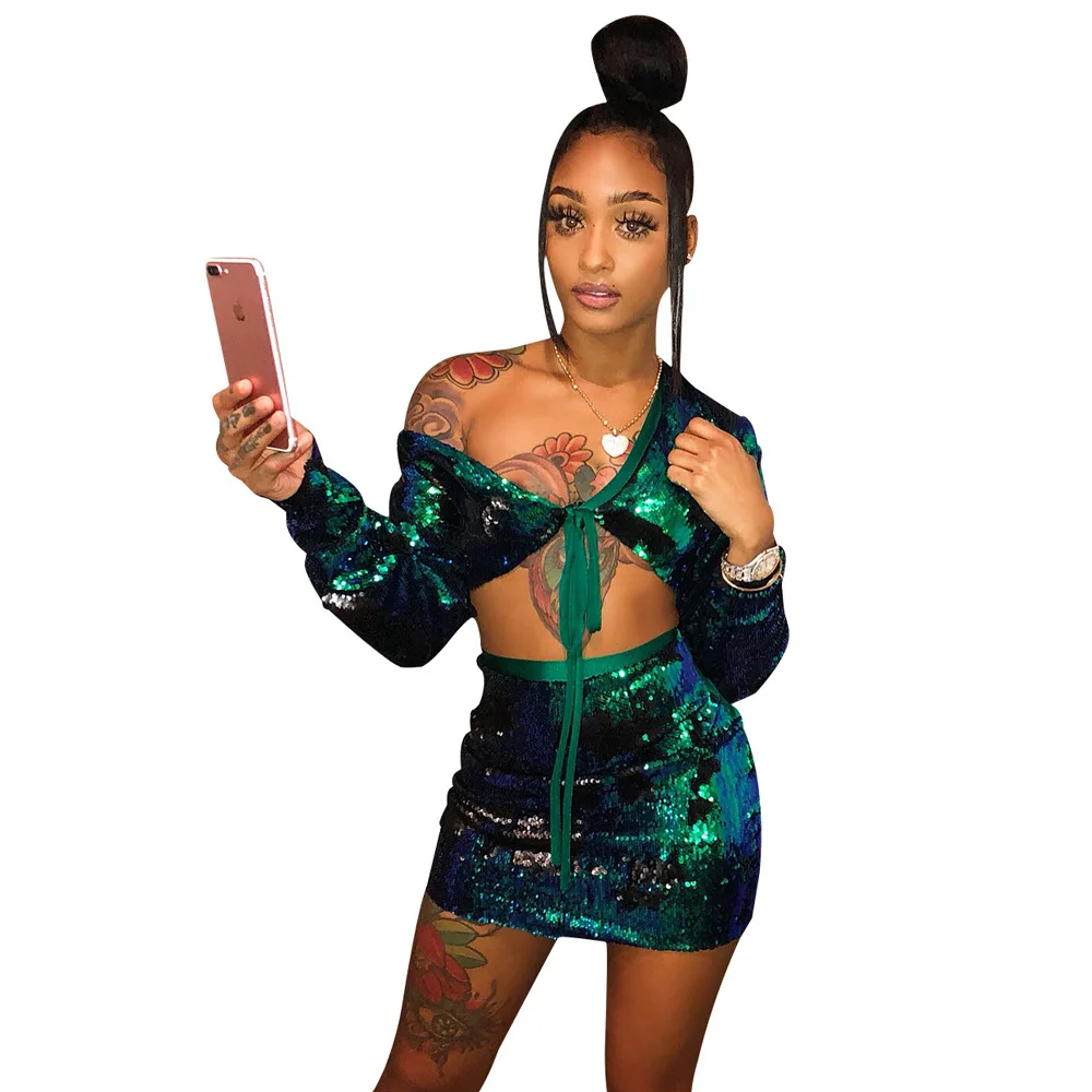 Сексуальный комплект из двух предметов с блестками 2019 Топ длинным рукавом и юбка