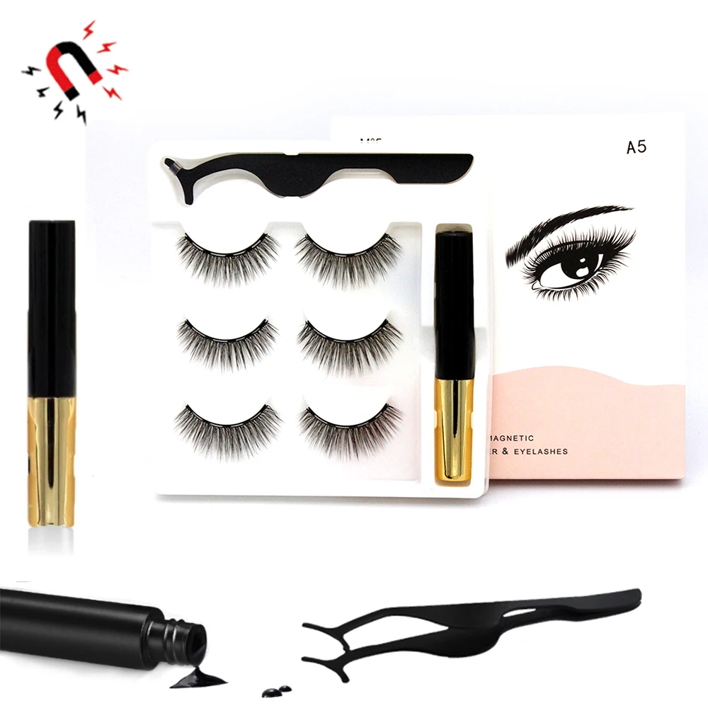 3 Pairs Magnetic Eyelashes 3D Mink False Eyelashes Makeup Magnetic Lashes Eyeliner Tweezers Set Eye Natural Lashes Faux Cils