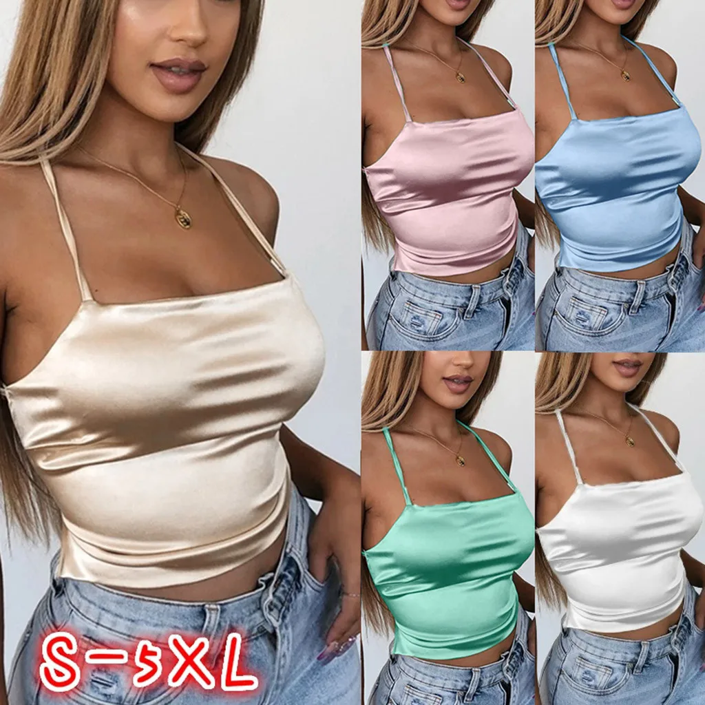 Женская Сексуальная Футболка из имитированного шелка укороченный Топ на