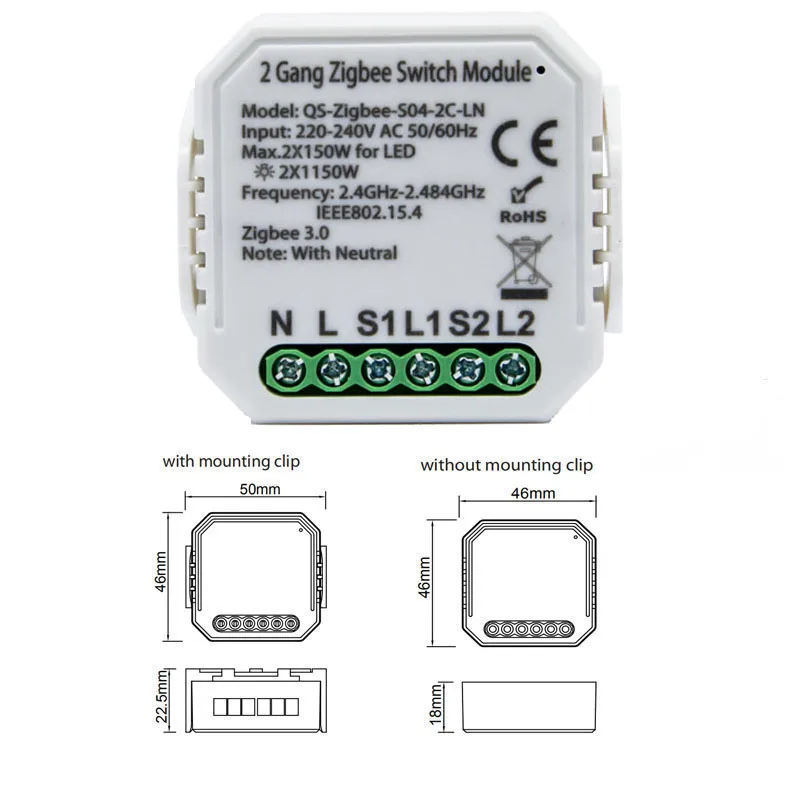 

Tuya Smart Zigbee Switch Module With Neutral EU 220V 2 Way Wireless Light Switch Relay Zibee2MQTT Home Assistant