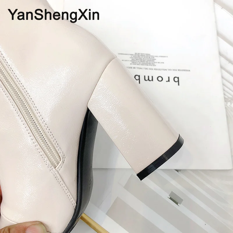 YANSHENGXIN/Женская обувь; женские ботинки; ботильоны из кожзаменителя на не сужающемся книзу массивном каблуке; женская обувь; осенне-зимние ботинки; 2 цвета; женские ботинки