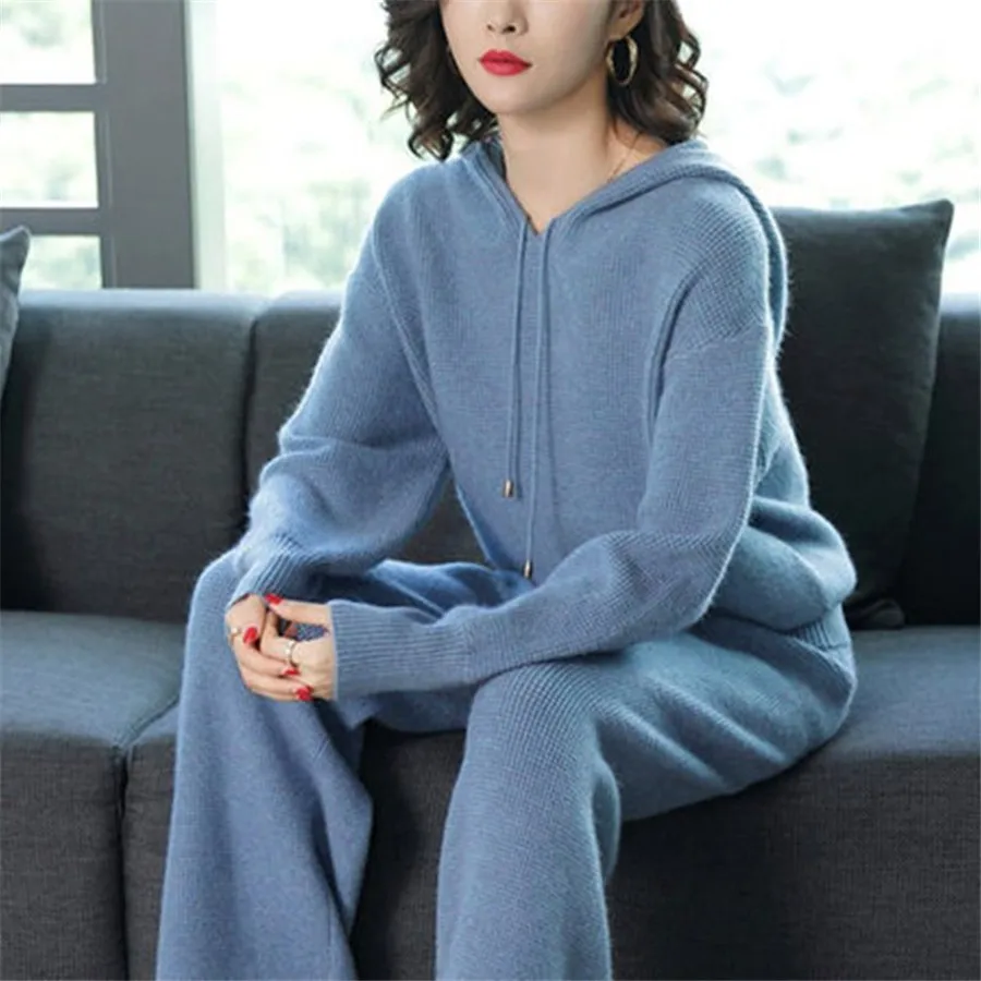 

high quality Casual Tracksuit Women Knitted Pullover Sweaters Tops Deep V-neck Long Sleeve Sweatshirt Pants Women's Sets