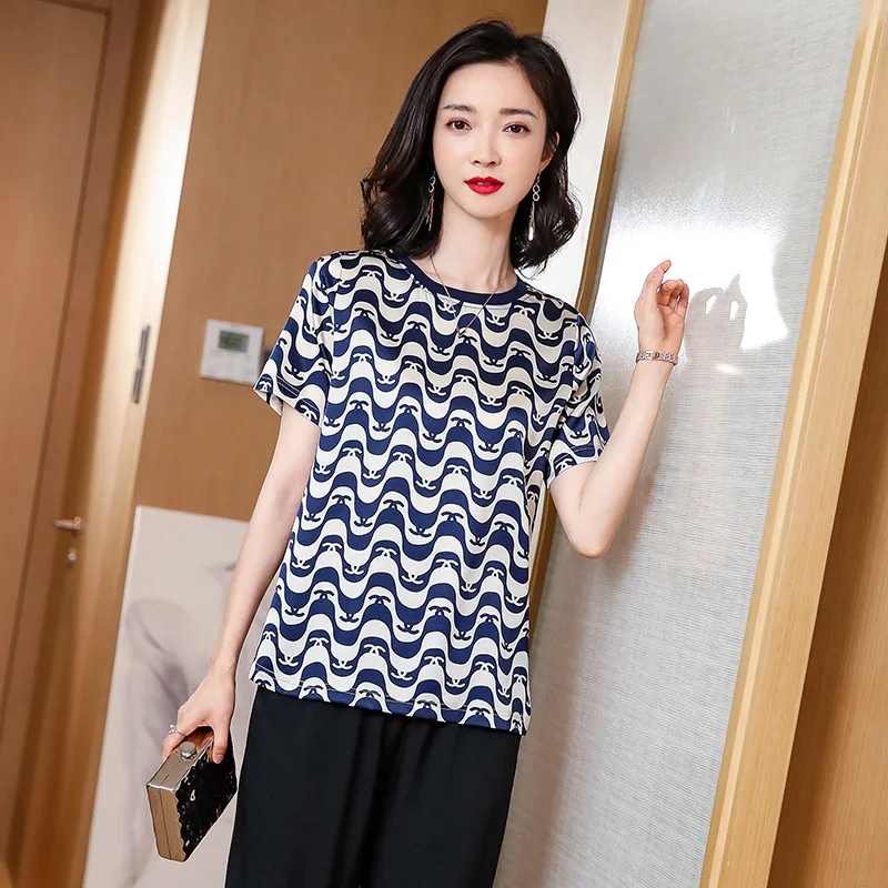 

Heavyweight Silk T-shirt Women's Short Sleeve Summer 2021 New Temperament Slim Mulberry Silk Print Top Shows Slim Shirt